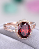 4Ct Oval Cut Red Garnet Split Shank Halo Engagement Ring 14K Rose Gold Finish