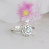 1.8ct Round Blue Aquamarine Engagement Ring Crown Bridal Set 14k White Gold Over