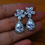 5ct Pear Cut Diamond Halo Pear Shape Floral Drop Earrings 14k White Gold Finish