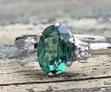 2.1ct Engagement Ring Oval Cut Green Emerald Three Stone 14k White Gold Finish