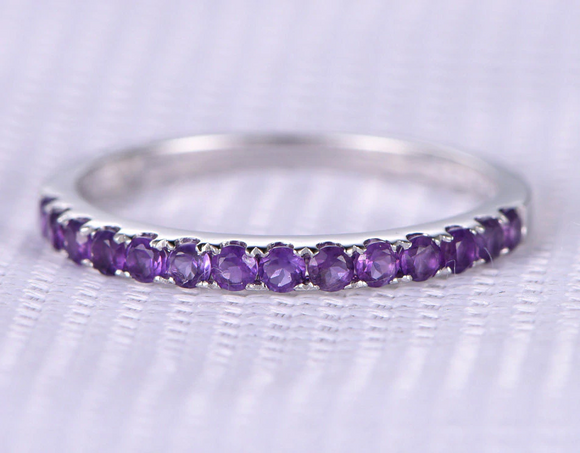 1.5ct Round Cut Purple Amethyst Wedding Band Half Eternity 14k White Gold Finish