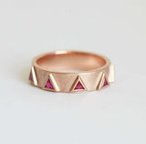 0.5ct Trillion Cut Pink Ruby Wedding Band Ring 14k Rose Gold Over Triangle Crown