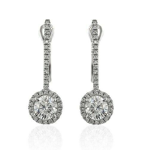 3Ct Round Cut Diamond Halo Vertical Bar Drop Earring Women 14K White Gold Finish