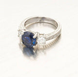 2.4ct Round Cut Blue Sapphire Engagement Ring Vintage Trilogy 14k WhiteGold Over