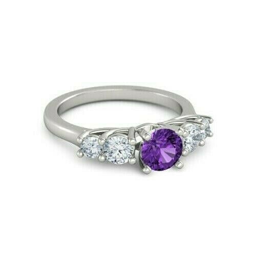 4Ct Round Cut Purple Amethyst Diamond Accent Engagement Ring 14K White Gold Over