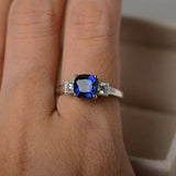 1.3ct Cushion Cut Blue Sapphire Round Accent Trilogy Ring 14k White Gold Finish