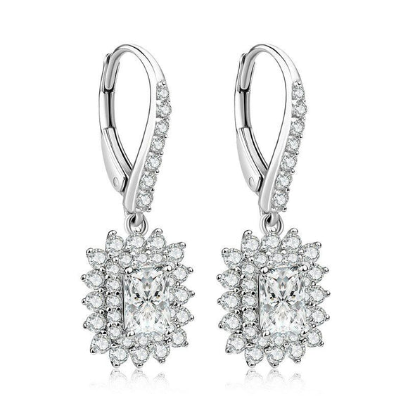 2ct Radiant Cut VVS1D Diamond Halo Flower Drop Earrings 14k White Gold Finish