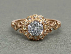 Vintage Art Deco Engagement Ring 1.6ct Round Cut Diamond 14k Rose Gold Finish