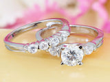 Bridal Set Trilogy Engagement Ring 2ct Round Cut Diamond 14k White Gold Finish