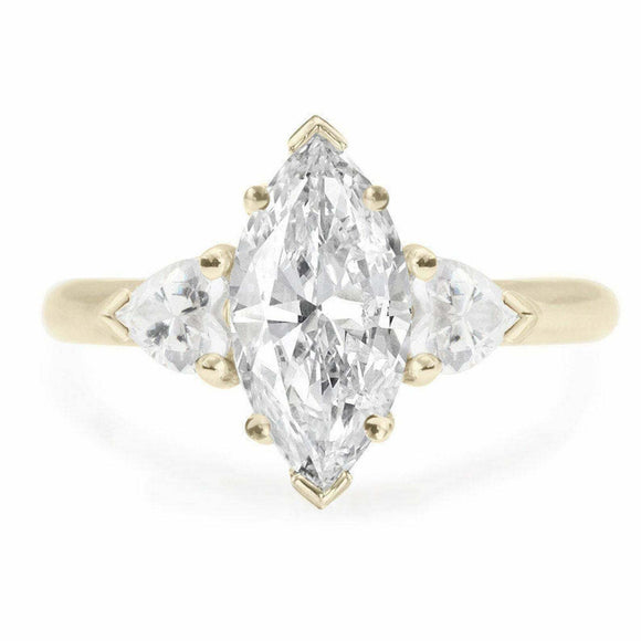 2ct Marquise Diamond Engagement Ring Heart Accent Trilogy 14k Yellow Gold Finish