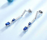 2ct Drop Earrings Oval Pear Cut Blue Sapphire Dangling Bar 14k White Gold Finish