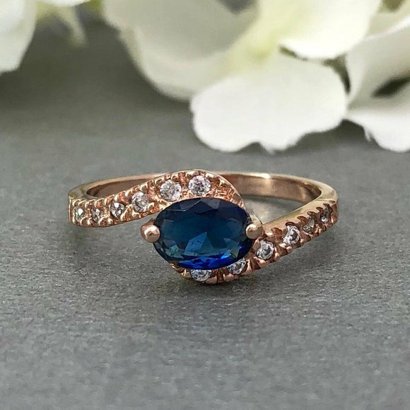 1ct Oval Cut Blue Sapphire Accents Solitaire Engagement Ring 14k RoseGold Finish