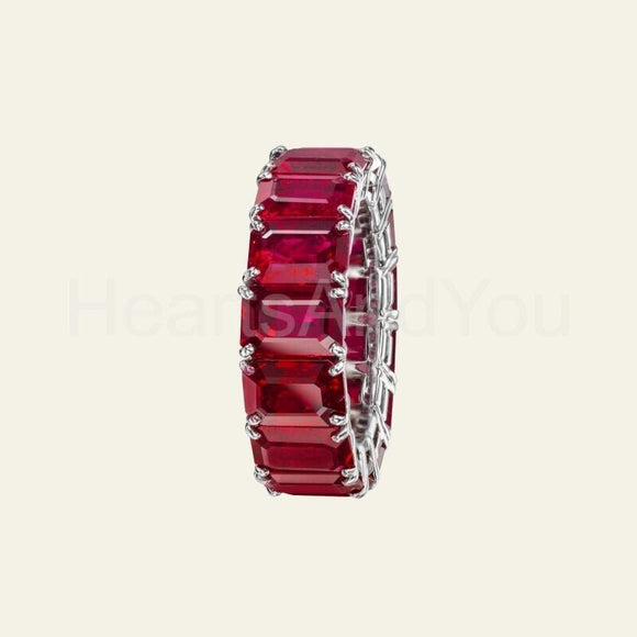 4ct Emerald Cut Simulated Ruby Iced Full Eternity Wed Band 14k White Gold Plated