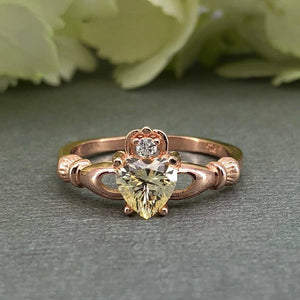 1ct Heart Cut Yellow Sapphire Claddagh Design Engagement Ring 14k Rose Gold Over