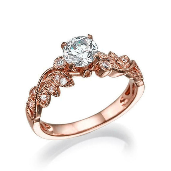 2ct Round Cut Diamond Floral Leaf Solitaire with Accent Ring 14k RoseGold Finish