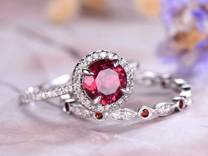 2ct Round Cut Pink Ruby Engagement Ring Halo Bridal Set 14k White Gold Finish