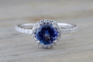 2ct Round Cut Blue Tanzanite Engagement Ring Diamond Halo 14k White Gold Finish