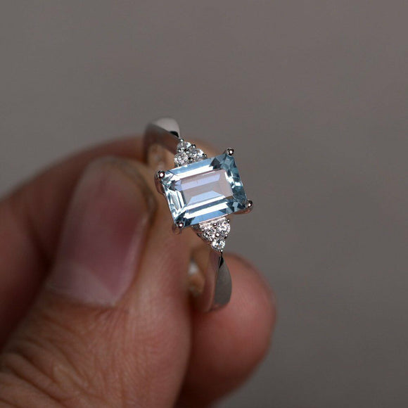 0.9ct Emerald Cut Blue Aquamarine Engagement Ring 14k WhiteGold Finish Solitaire