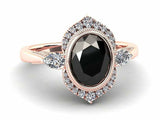 2ct Oval Cut Black Diamond Engagement Ring Floral Halo Mirror 14k Rose Gold Over