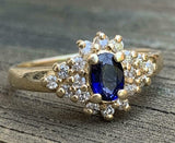 2.5ct Engagement Ring Oval Cut Blue Sapphire Cluster 14k Yellow Gold Finish