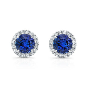 2.4Ct Round Cut Blue Sapphire Diamond Halo Stud Earrings 18K White Gold Finish