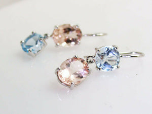 2ct Oval Cut Peach Morganite Blue Topaz Drop Earring Women 14k White Gold Finish