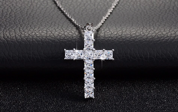 3ct Princess Cut VVS1 Diamond Pendant Cross Shape 14k White Gold Finish NO CHAIN