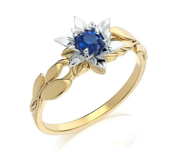 1ct Round Cut Blue Sapphire Floral Leaves Solitaire Ring 14k Dual Gold Finish