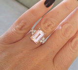 2.5Ct Emerald Cut Peach Morganite Ring 14K White Gold Finish With Round Accents