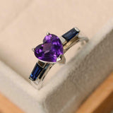 2ct Heart Cut Amethyst Trilogy Ring 14k White Gold Over Tapered Baguette Accents