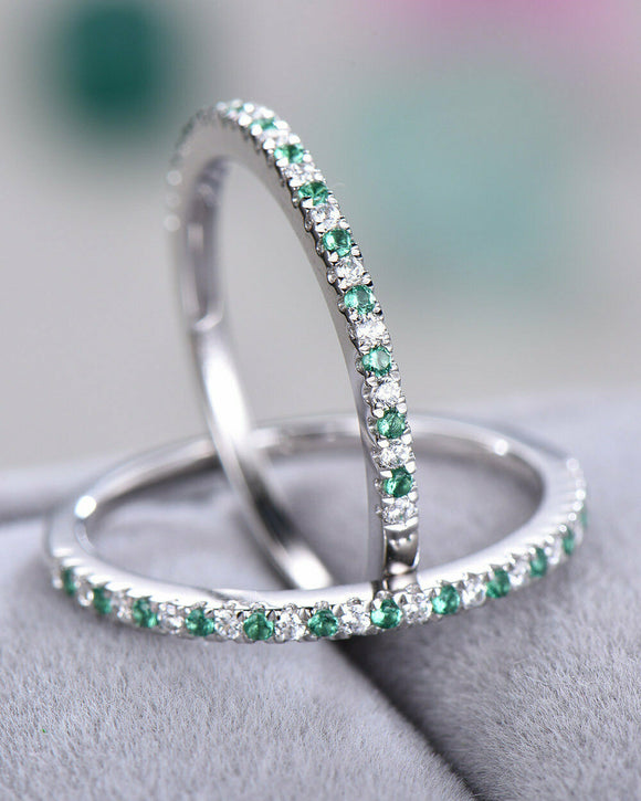 3Ct Round Alternate Green Emerald Diamond Wedding Band Set 14K White Gold Finish