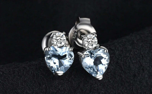 2ct Stud Earrings Heart Cut Blue Aquamarine Diamond Petite 14k White Gold Finish