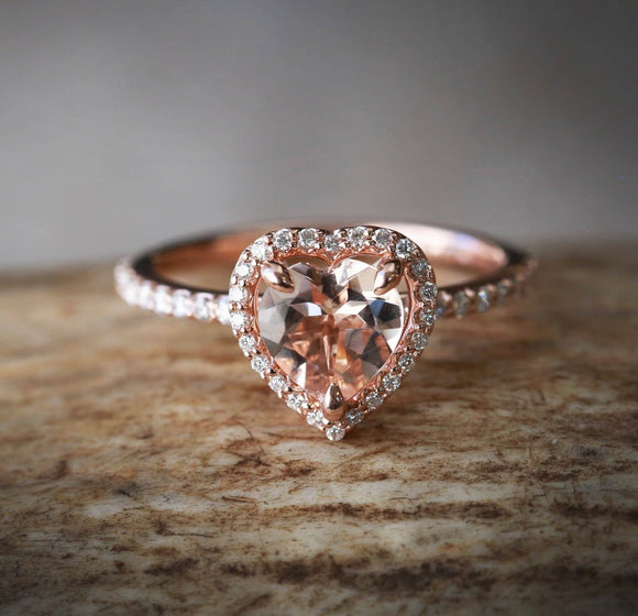 1ct Heart Cut Peach Morganite Engagement Ring 14k RoseGold Finish Halo Solitaire