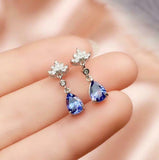 2ct Drop Earrings Pear Cut Blue Tanzanite Dangling Cluster 14k White Gold Finish