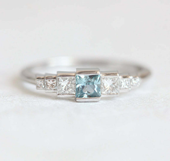 2ct Princess Cut Blue Aquamarine Solitaire with Accents Ring 14k White Gold Over