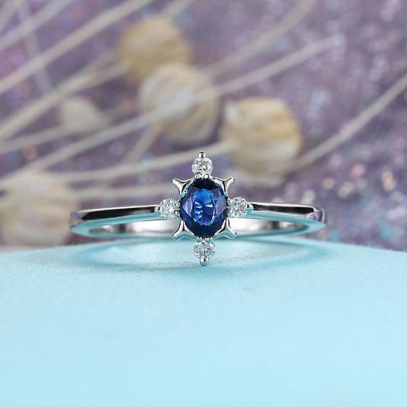 1ct Oval Cut Blue Sapphire Engagement Ring Unique Stackable 14k WhiteGold Finish