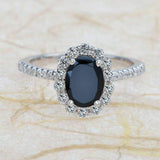 4Ct Oval Cut Black Diamond Round Accent Halo Engagement Ring 14K White Gold Over