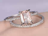 2ct Emerald Cut Peach Morganite Bridal Set Engagement Ring 14k White Gold Finish