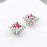 2ct Princess Cut Pink Ruby Floral Halo Stud Women Earrings 14k White Gold Finish