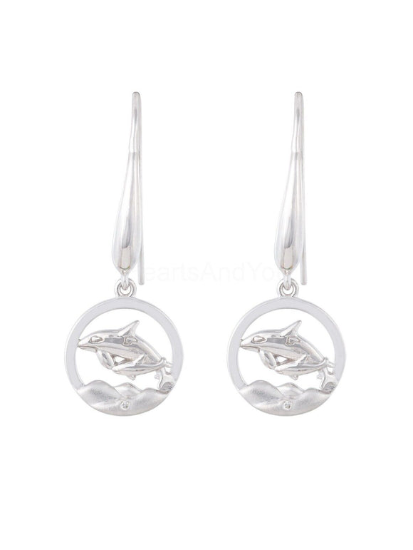 0.01ct Round Cut Moissanite Whale and Calf Dangle Earrings 14k White Gold Plated