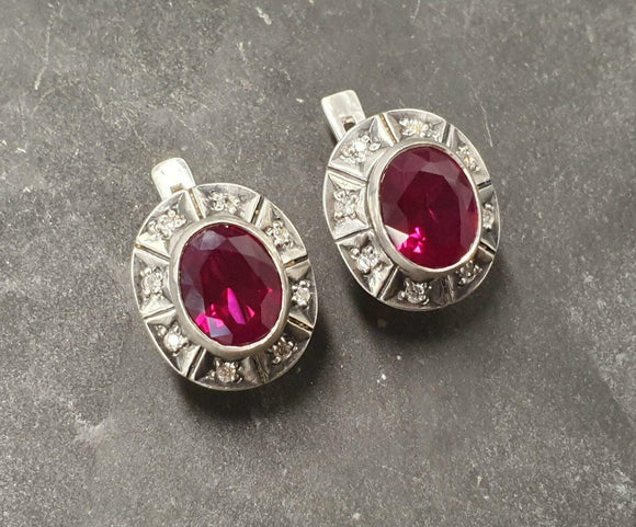 2.4ct Stud Earrings Oval Cut Pink Ruby Vintage Inspired 14k White Gold Finish