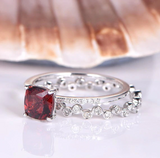 1.5ct Cushion Cut Red Garnet Engagement Ring Bridal Set 14k White Gold Finish