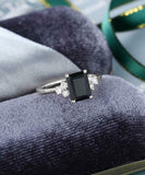 1.5ct Emerald Cut Black Diamond Petite Round Accents Ring 14k White Gold Finish