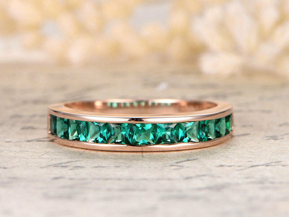 2ct Princess Cut Green Emerald Channel Set Half Eternity Band 14k Rose Gold Over