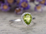 1.5ct Pear Cut Green Peridot Diamond Halo Solitaire Ring 14k White Gold Finish