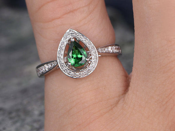 1.75Ct Pear Cut Green Emerald Halo Solitaire Engagement Ring 18K White Gold Over