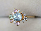 2ct Engagement Ring Round Cut Blue Aquamarine Cluster 14k Yellow Gold Finish