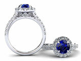 1.5ct Round Cut Blue Sapphire Engagement Ring Halo Diamond 14k White Gold Finish