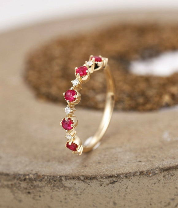 1ct Round Cut Ruby Wedding Band Ring Half Eternity Stackable 14k YellowGold Over