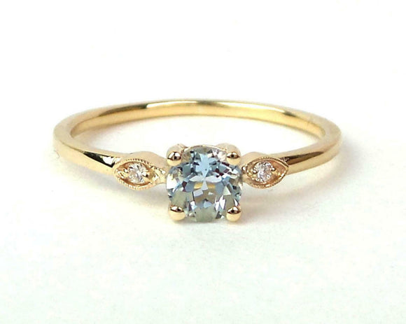 0.5ct Engagement Ring Round Aquamarine Minimalist Trilogy 14k Yellow Gold Finish